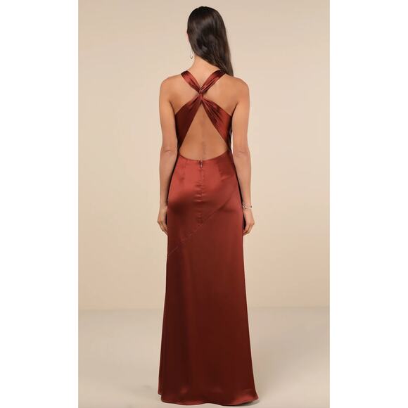 Lulus Purely Elegant Rust Brown Satin Twist Back Maxi Dress Medium Formal NWT - Picture 3 of 10
